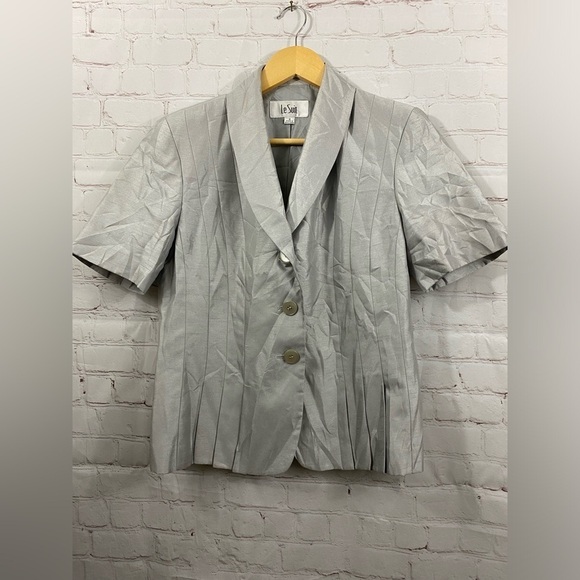 Le Suit Short Sleeve Metallic Silver Womens Size 6 Fully Lined Blazer Jacket - Picture 1 of 8